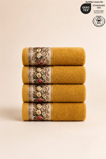FIORE 4-piece Towel Set 100% Cotton Certified, Floral Print Hand / Face / Kitchen Towel 50x90cm