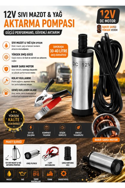 ALMAN 12 Volt Bakır Sargı Sıvı Transfer Pompası Dalgıç Pompa Mazot Pompası - Su - Süt - Sıvı