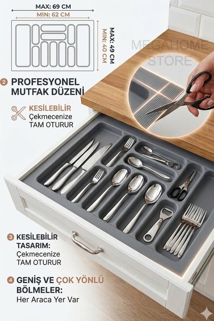 A Kalite Gri Renk Çekmece İçi Kaşıklık ve Kepçelik Düzenleyici – Gri 69x49 cm (62x40 cm Kadar Kesilebilir)