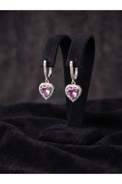 925 Ayar Pembe Taşlı Rodyum Pırlanta Işıltılı Sallantılı Kalp Gümüş Küpe