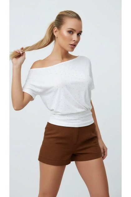 26034 Women's Boat Neck Asymmetrical Sleeve Stone-Stitched Modal Combed Cotton Blouse