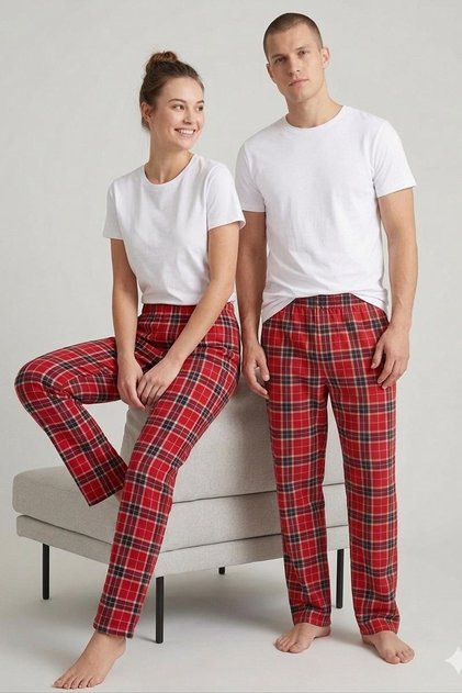 Kadın Erkek Çift Kombini Ekose Desenli Yumuşak Dokulu Esnek Tek Pijama Altı
