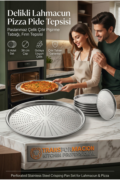 6-Piece Stainless Steel Pizza-Lahmacun Tray – Perfect Baking with Perforated Design 36 cm 722229