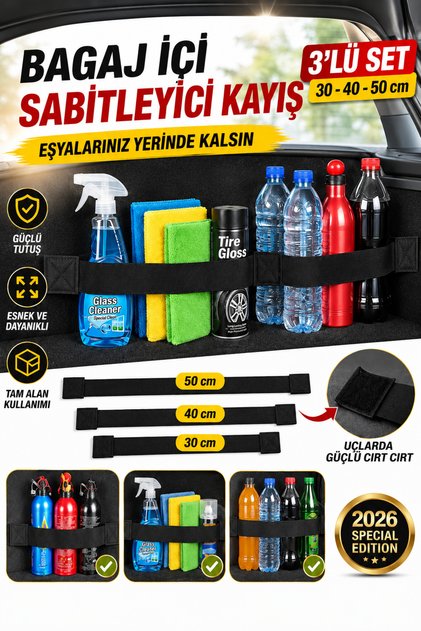 Araç Bagaj Sabitleyici Bagaj Düzenleyici Cırtlı Bagaj Bandı Esnek Lastik Bagaj Seti 3 lü