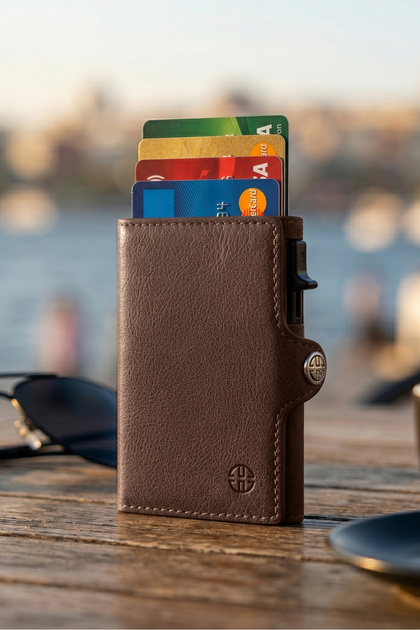 Palma Kahverengi Mekanizmalı İkiye Katlanır Kartlık Hakiki Deri Cüzdan Unisex Kadın Erkek Rfid Korumalı