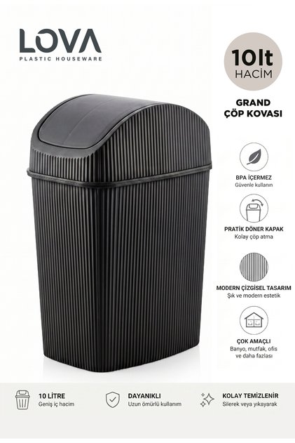 Kapaklı Çizgili 10 Lt Çöp Kovası (Siyah)