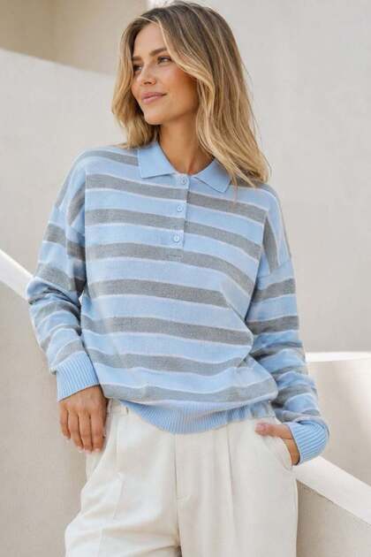 Blue Striped Polo Neck Buttoned Women's Sweater Mg2561