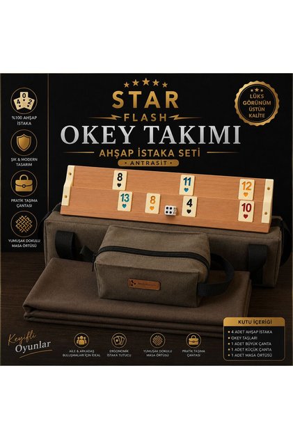 Okey Game Set Brown, Game Table Cover, Wooden Okey Set 3-Piece Set