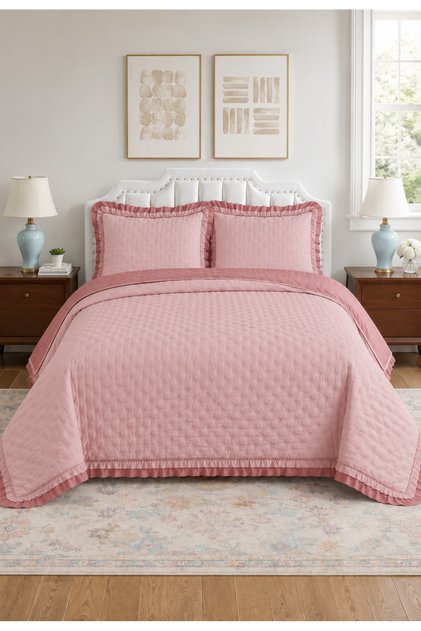 Lara Double Bedspread Set 240X260Cm - 100% Polyester Modern with Flounces and 2 Pillows - Pink