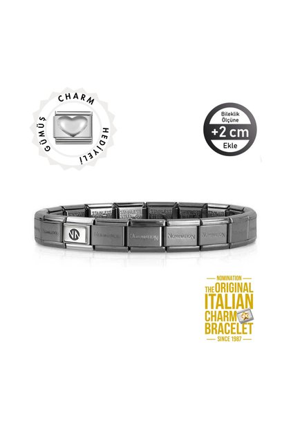 Orijinal İtalyan Charm Bileklik Kişiselleştirilebilir Siyah-Gümüş Kalp Charm Hediyeli Made in Italy