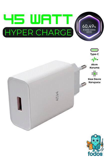Fodos 45 Watt Hızlı Şarj Cihazı Type-C Şarj Aleti Adaptör Kablo