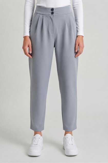 Gray High Waist Double Buttoned Pocket Carrot Cut Pleated Women's Trousers