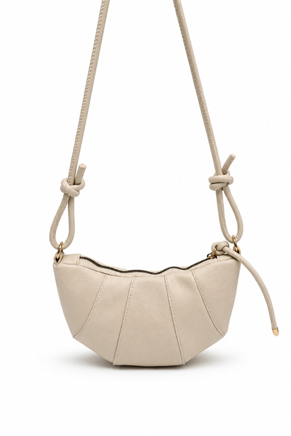 Rope Pendant Detailed Faux Leather Bohemian Croissant Style Vera Women's Crossbody Bag Cream