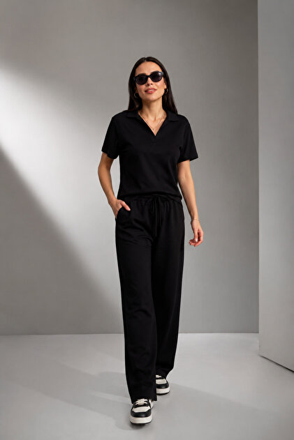 Women's Black Polo Collar Detailed Wide-Leg Pants Modal Fabric Top and Bottom Set