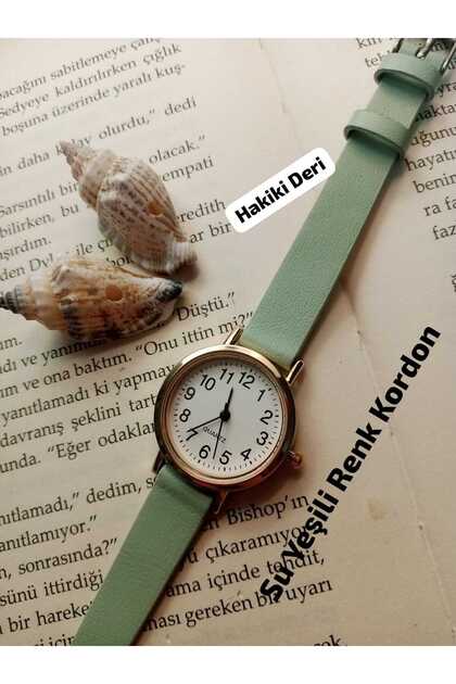 Retro Minimal Model Vintage Style Design with Numerals, Gold Case Women's Wristwatch, Genuine Leather - Aqua Green Color Strap, White Color Dial