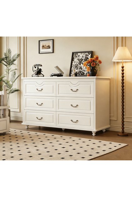 Luxury 6-Drawer Cabinet, American Vintage Style Storage Cabinet with Brass Handles, 120cm Chest of Drawers for Bedroom Living Room