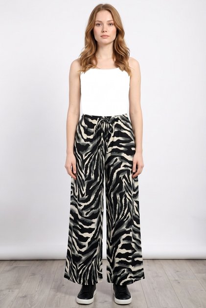 Women's Black and White Zebra Patterned Atlas Wide Leg Pants