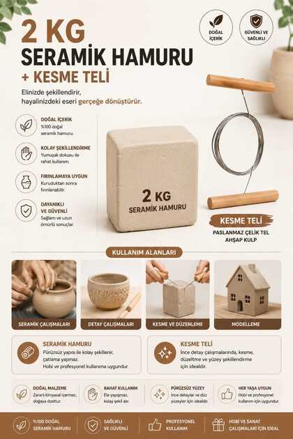 Seramik Hamuru 2 Kg - Beyaz Kil Çamuru - Kesme Teli-ipi - Oyun Hamuru 2000 gr