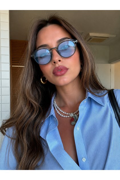 نظارة شمسية نسائية بيضاوية الشكل، إطار أزرق شفاف، زجاج أزرق