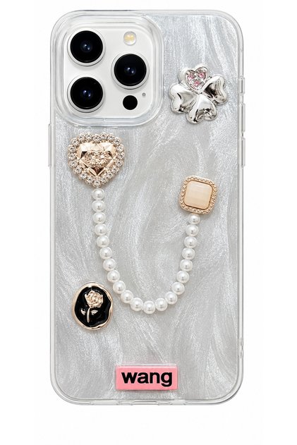iPhone 16 Pro Max Stone Case with Pearl Necklace Detail, Marbling Effect, 3D Heart and Motif Charm Cover