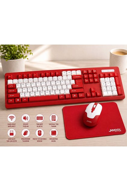 Kablosuz KIRMIZI Klavye Mouse Mousepad Seti | Q Klavye Sessiz Tuş | USB Alıcılı | Ergonomik Tasarım | Tak Çalıştır