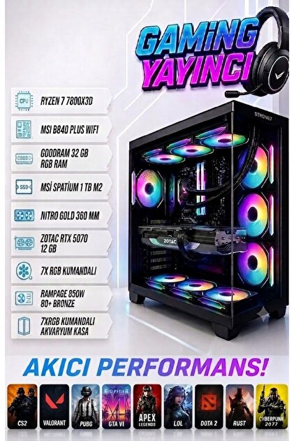 かりん TOPLAMA LİON-5070 RYZEN 7 7800X3D RTX 5070 GPU 32 GB RGB DDR5 RAM