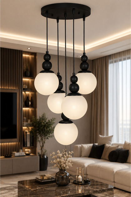 Snowman 5-Piece Pendant Lamp ✨ Black Body with White Glop Glass ✨ Ceiling Mounted Living Room Chandelier Glass Chandelier ✨ Modern Chandelier Models Lighting Ceiling Lighting Living Room Chandelier Metal Body Round Chandelier