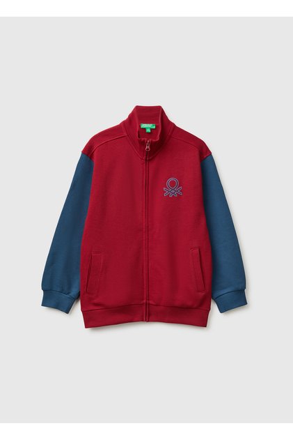 Boy's Red Embroidered Front Ribbed Collar Sweatshirt with Pockets and Zipper