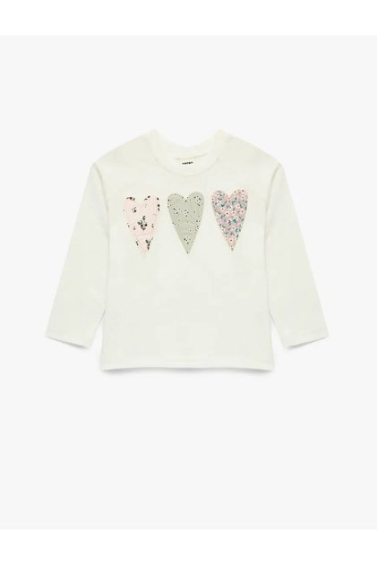 Long Sleeve Crew Neck Cotton T-Shirt with Heart Appliqué