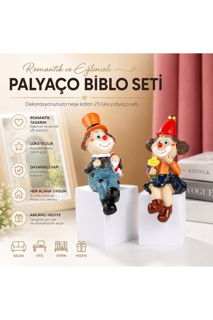 Lüks İşlemeli 2’li Romantik Palyaço Biblo Seti Dekoratif Obje Ofis Yılbaşı Hediyesi Sevgiliye Hediye