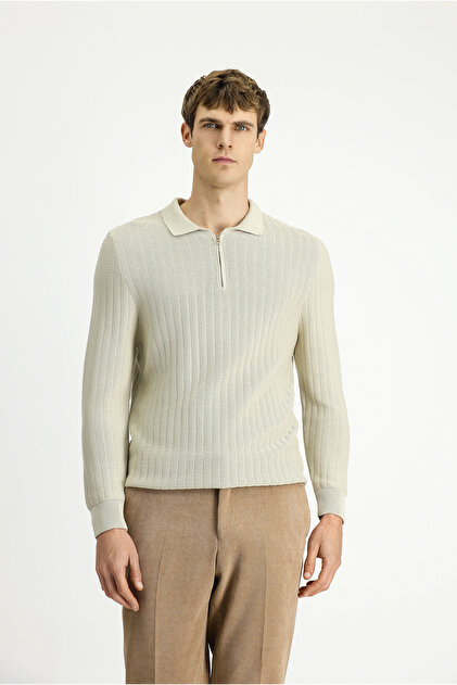 Polo Neck Regular Fit Patterned Zippered Cotton Knitwear Sweater