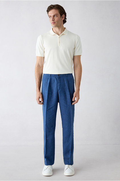 Straight Wide Leg Pleated Side Pocket 100% Linen Trousers
