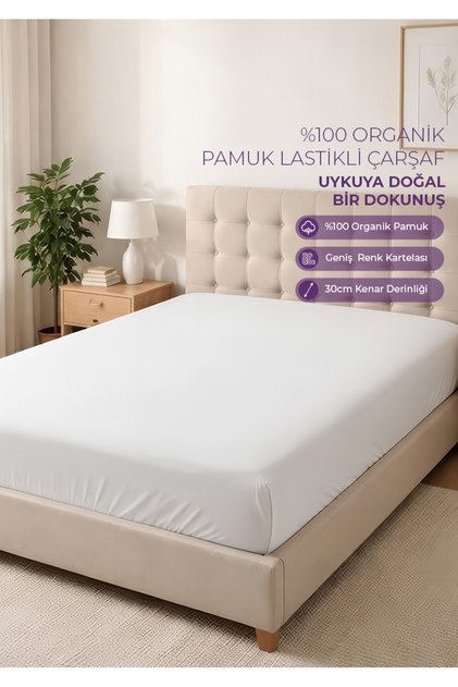100% Organic Cotton Fitted Sheet - 160X200 - White - Dolmabahçe Series