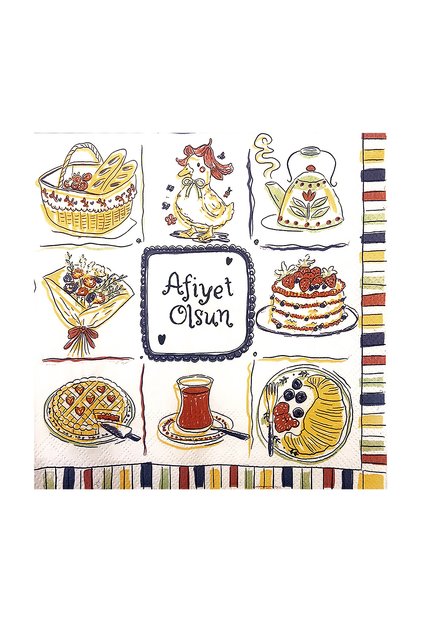 33x33 Cm Daycare Afiyet Olsun Desenli 3 Katlı 20'li Kare Beyaz Renkli Kağıt Peçete