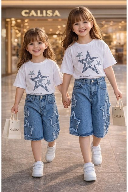 Girl's Star Printed Oversize T-Shirt and Denim Shorts 2-Piece Summer Shorts Set | Eid Holiday 5-14 Years Old