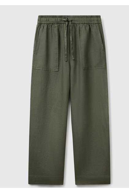 Women's Khaki 100% Linen Drawstring Cigarette Pants with Pockets