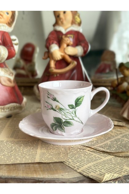Antique Pink Porcelain German Stamped Floral Pattern Double Coffee Tea Cup