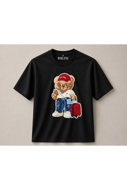 OSHO KUMAŞ ÜZERİ TEDDY BEAR PUNCH NAKIŞLI BASIC TSHİRT