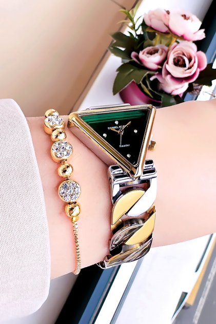 Triangle Case Gold Silver Women's Watch - Steel Band - Japanese Machine - Water Resistant - Special Boxed Dkby2059C3
