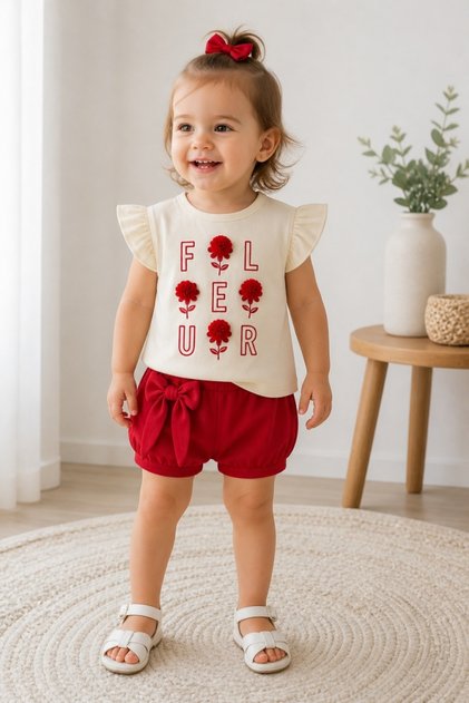 Set haine bebe fete 2 piese bumbac premium – tricou cu volanase si pantaloni rosii flower