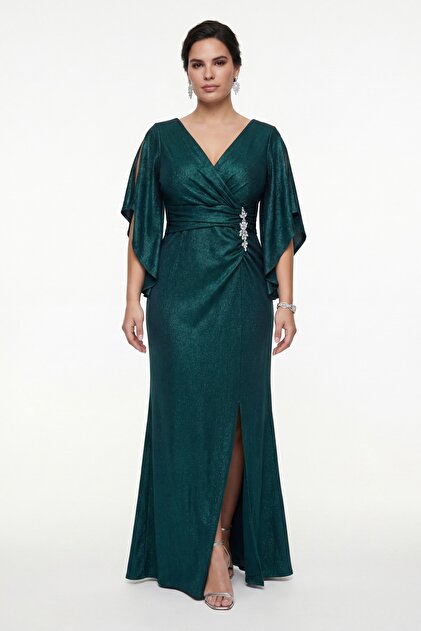 Lafaba Women's Emerald Green Double Breasted Collar Stone Detail Plus Size Long Evening Dress- Trendyol Lafaba Women's Emerald Green Double Breasted Collar Stone Detail Plus Size Long Evening Dress- Trendyol