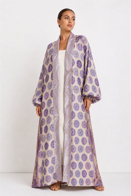 Mor Lila Brokar Kaftan – Keten Karışımlı, Oversize Kesim, Premium Tasarım Uzun Kaftan