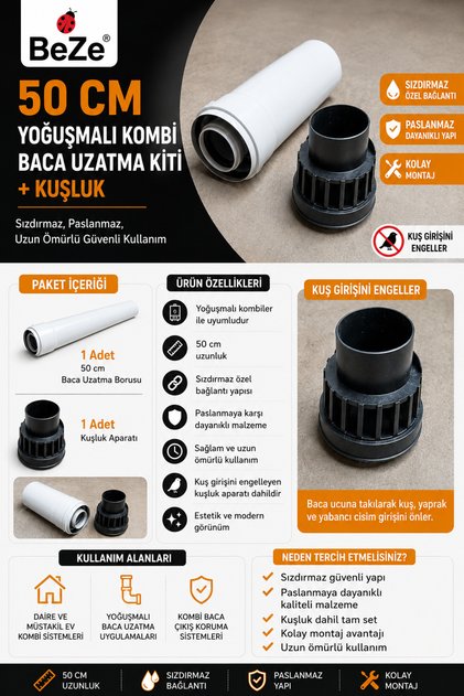 100 CM ve 50 CM Yoğuşmalı / Hermetik Kombi Baca Uzatma Kitleri + Kuşluk | Tüm Kombilerle Uyumlu