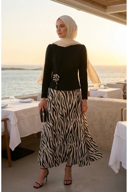 Rose Detailed Blouse Skirt Double Set 5645-01 Black