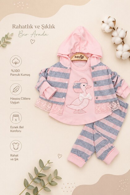 Baby Girl 3-Piece Set Duck Embroidered Top and Bottom Seasonal Set 3 6 9 12