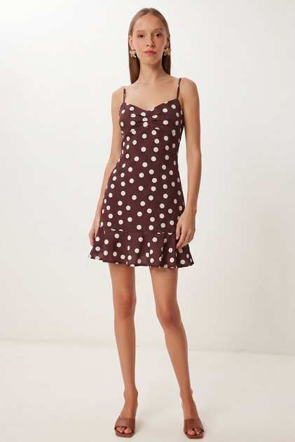 Polka Dot Strappy Mini Woven Dress Lzv0079 Brown