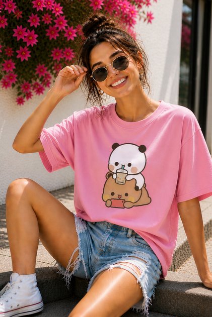 Bubu and Dudu Cute Teddy Bear Printed Unisex Oversize T-Shirt – Cotton Crew Neck T-Shirt
