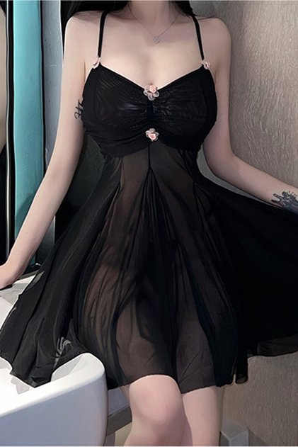 Black Sheer Mesh Babydoll Nightdress, Floral Accent Cami Slip Dress for Bridal & Special Occasions