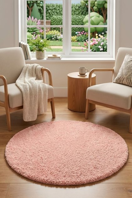 Yuvarlak Mabel Pembe Yumuşak Tuşeli Halı|10 Farklı Renk Seçeneği Kaymaz•Taban•Yıkanabilir•Modern