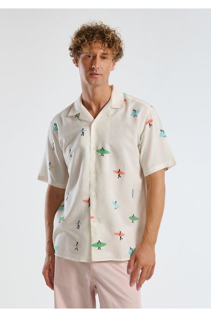 Men's White Cotton Linen Blend Patterned Bowling Collar Short Sleeve Shirt